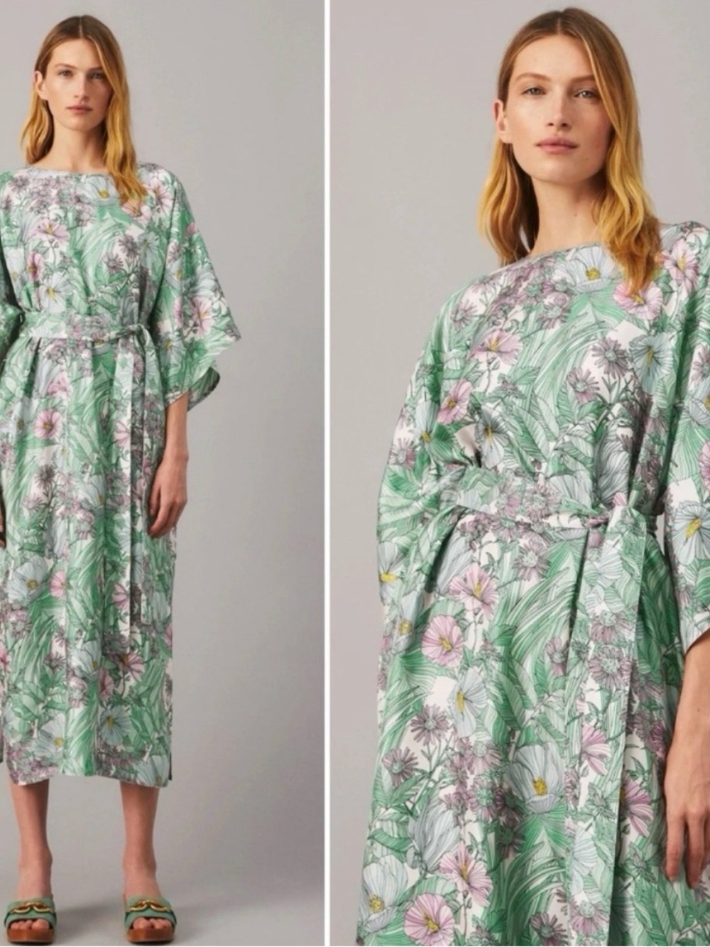 Tory Burch 100% Silk Kimono Maxi Dress with Pink & White Flowers Size XL